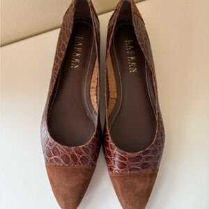 Ralph Lauren Brown Croc-Embossed & Suede Pointed Toe Flats